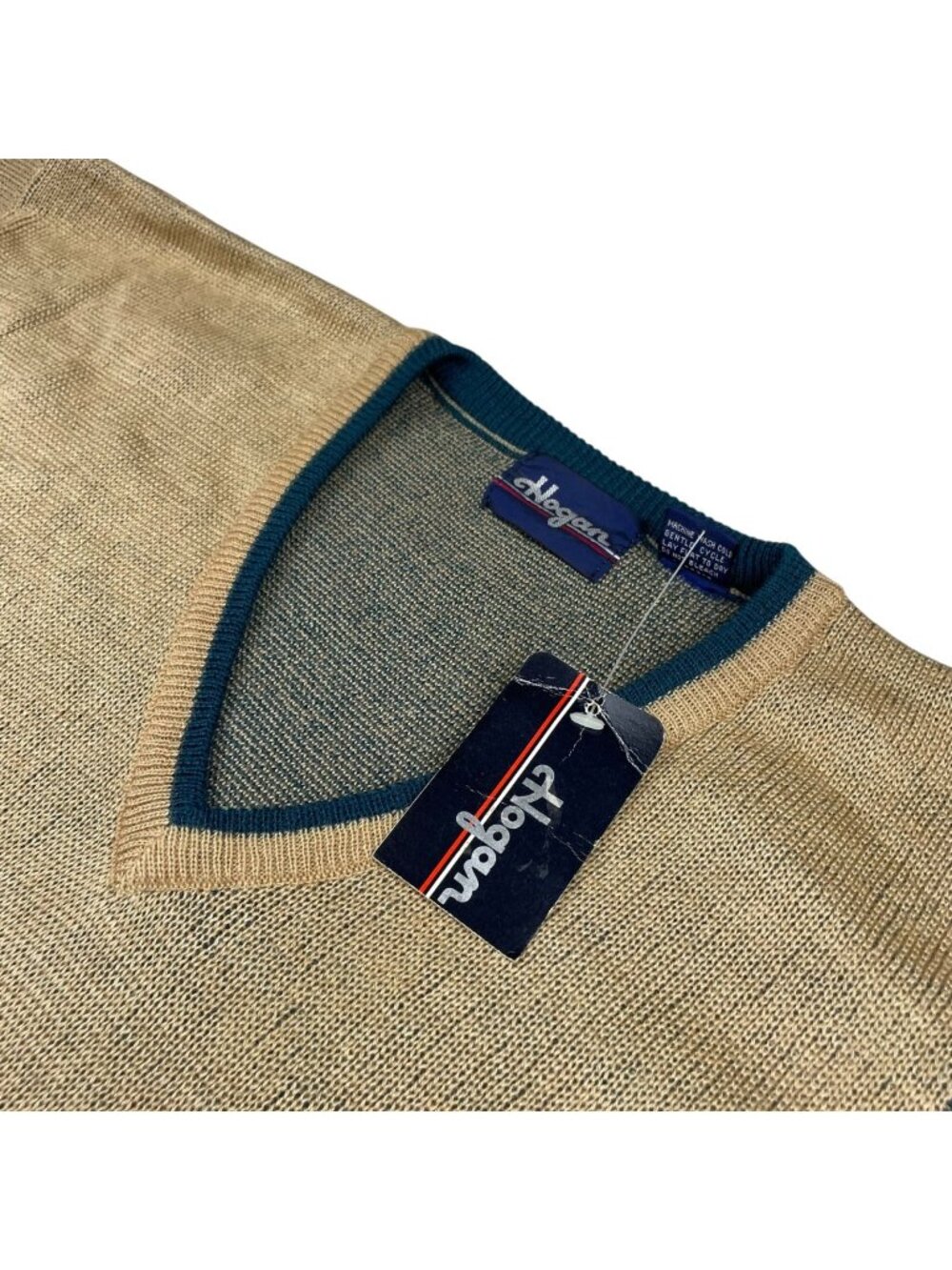 VTG NEW Hogan Men's Wool/Acrylic V-Neck Sweater Tan/Teal Blue Geometric • Large